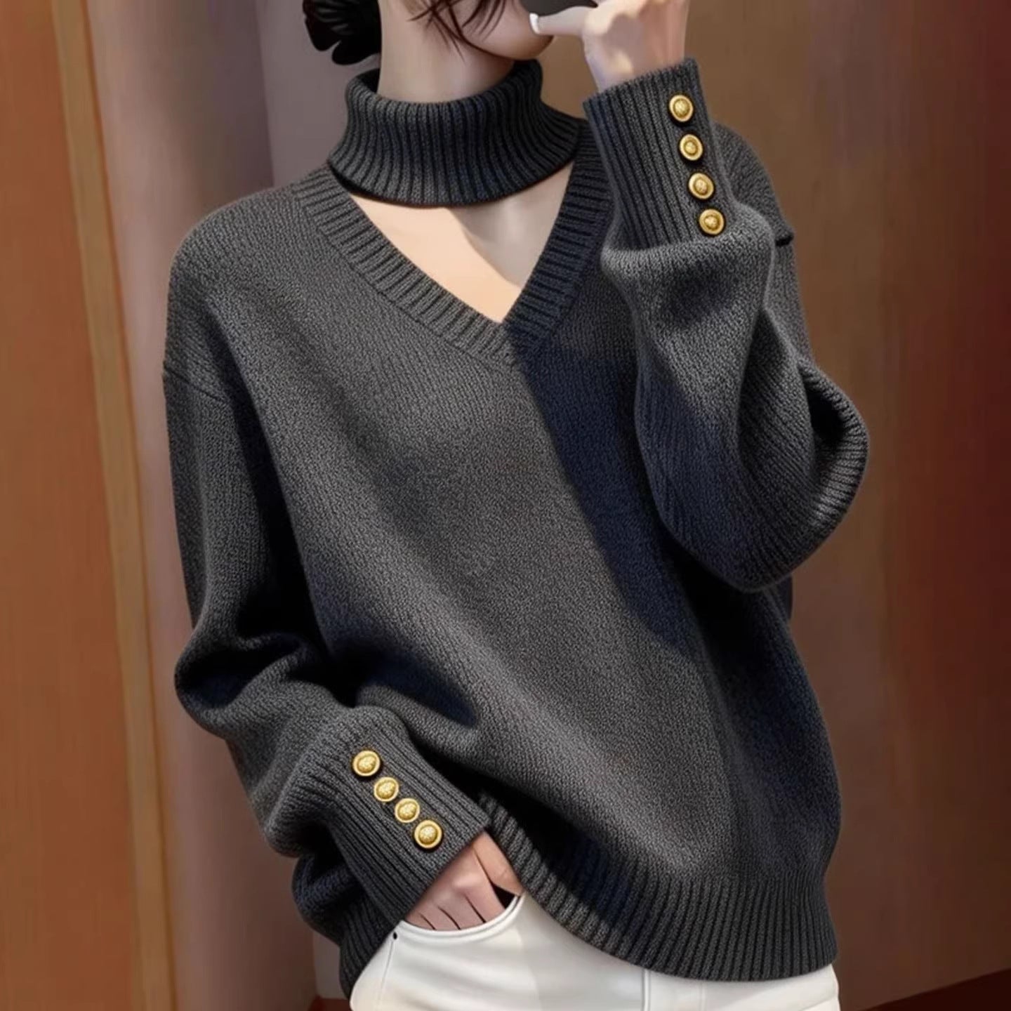 Damen Strickpullover Rollkragen Knöpfe Eveloria