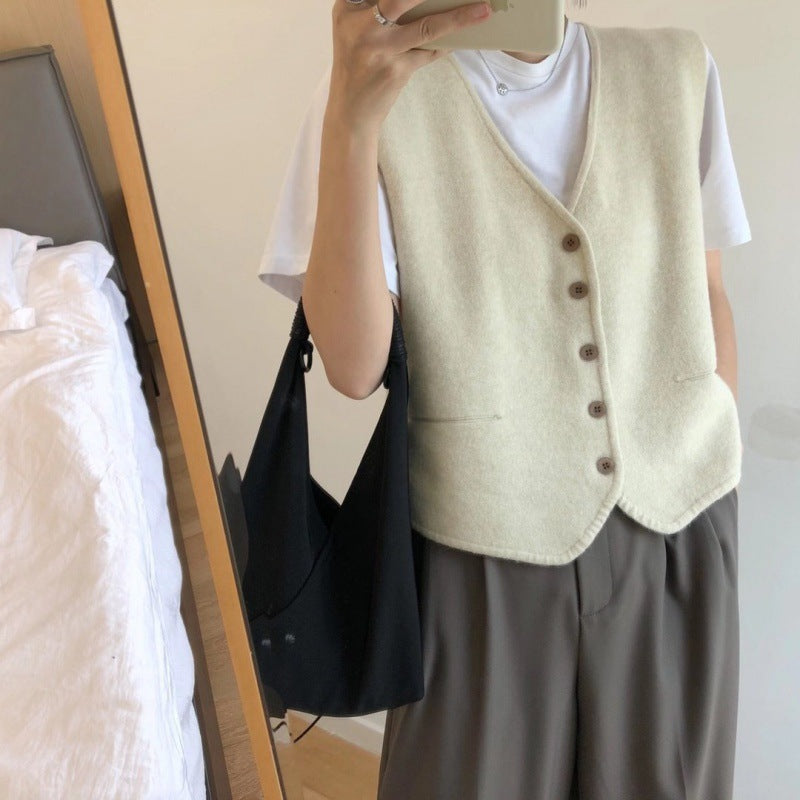 Damen Strickweste Feinripp aus Merino-Wolle mit Knöpfen Beige - Eveloria