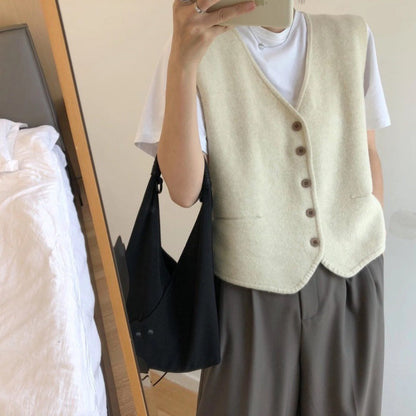 Damen Strickweste Feinripp aus Merino-Wolle mit Knöpfen Beige - Eveloria