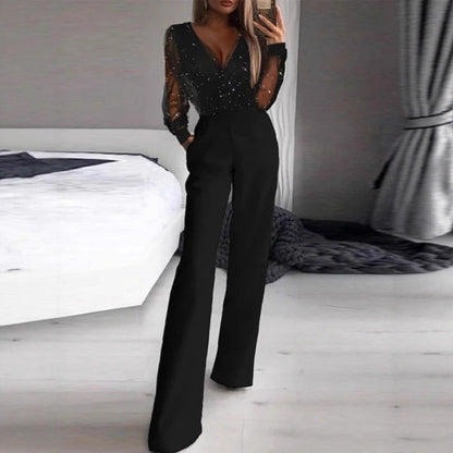 Damen Jumpsuit Transparente Bluse Schimmernde Akzente Eveloria