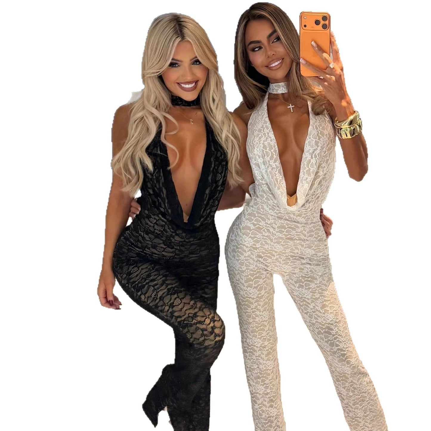 Damen Jumpsuit Spitze V-Ausschnitt Elegant Eveloria