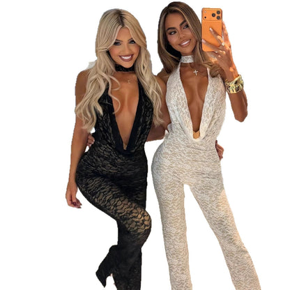 Damen Jumpsuit Spitze V-Ausschnitt Elegant Eveloria