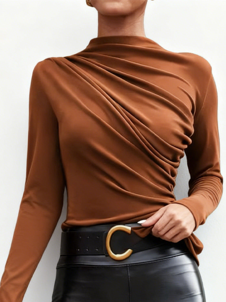 Damen Langarmshirt Stehkragen -Drapierung Elegantes Design Eveloria