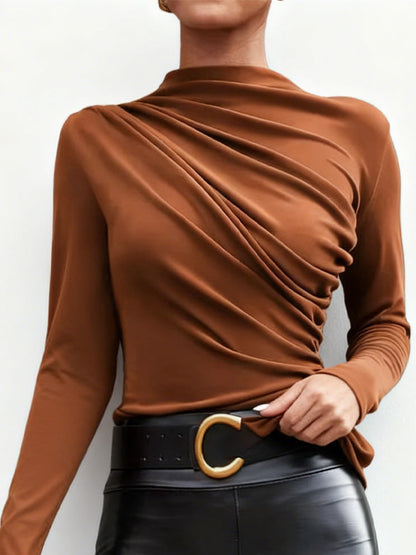 Damen Langarmshirt Stehkragen -Drapierung Elegantes Design Eveloria