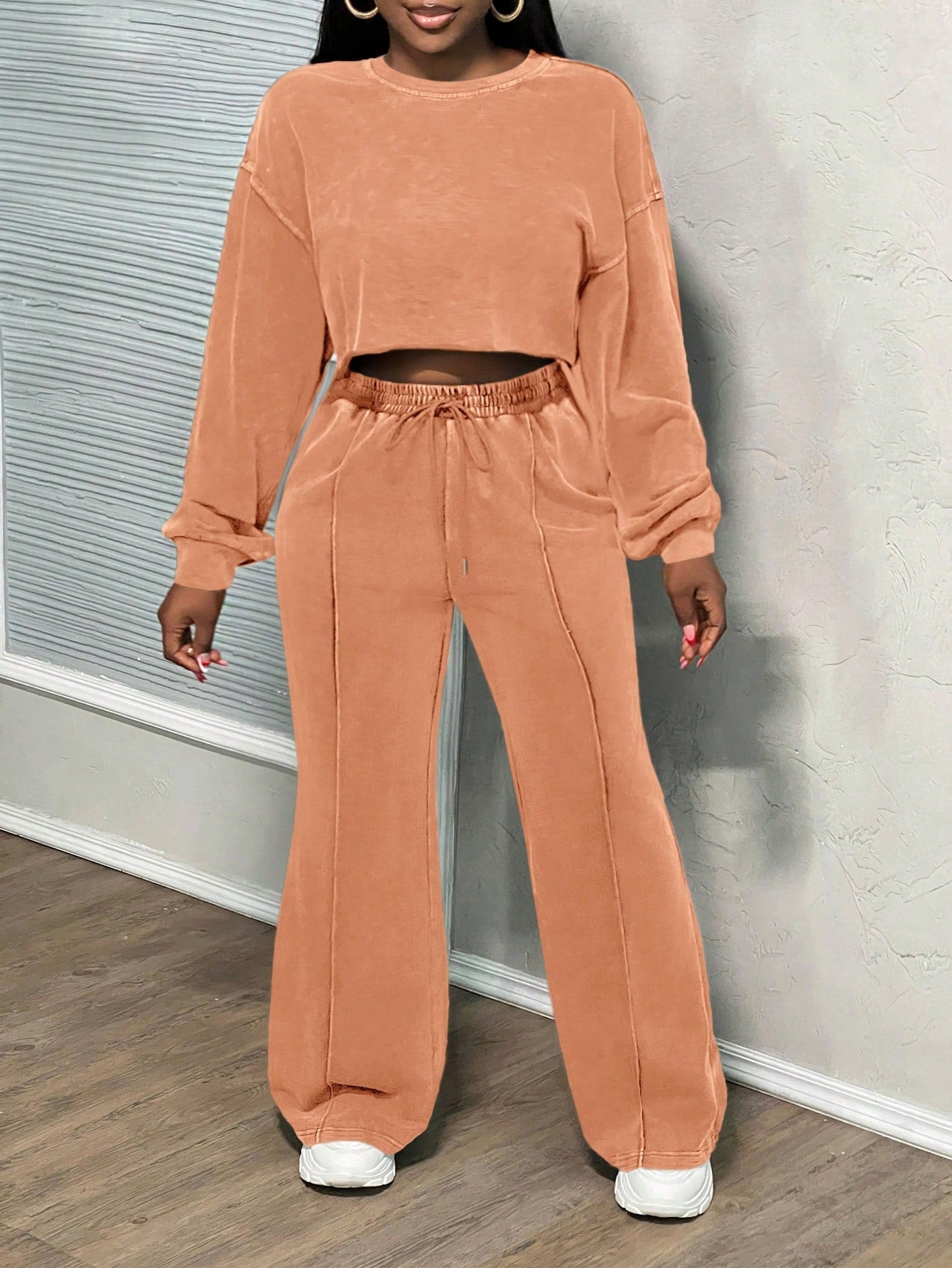 Damen Cropped Loungewear-Set Weites Hosenbein Hochwerder Bund Eveloria