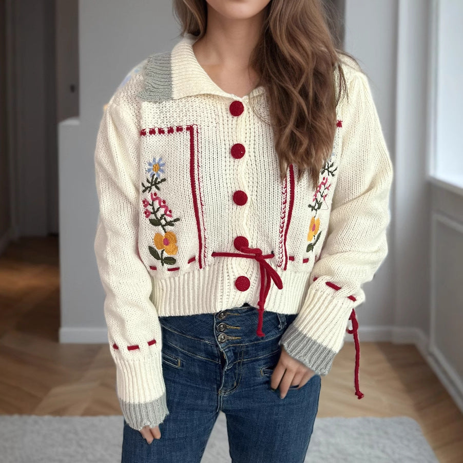 Damen Strickjacke Blumenstickerei Kordelzug