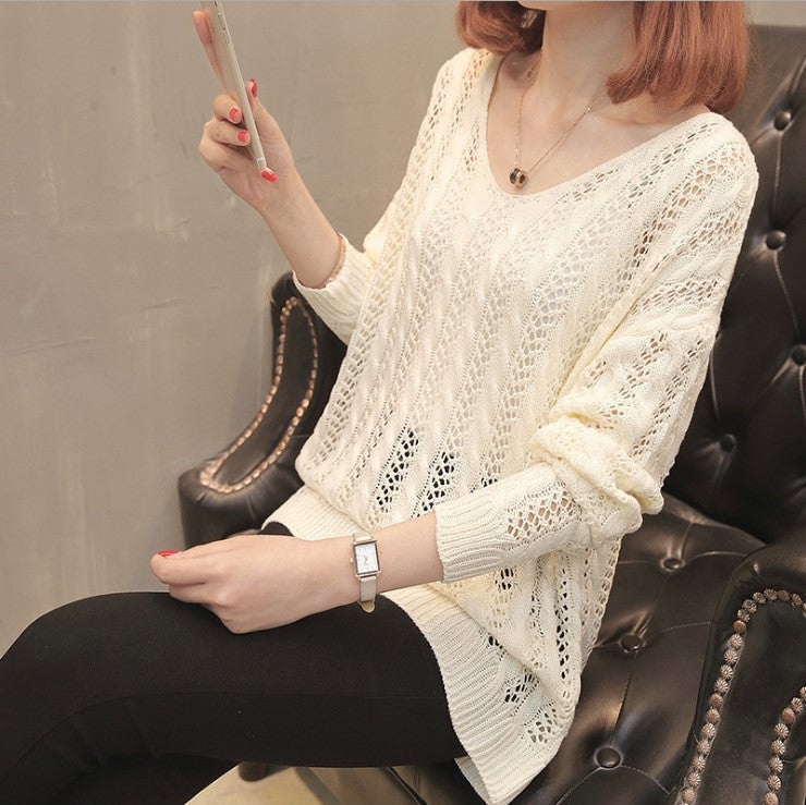Damen Strickpullover V-Ausschnitt Feine Lochstruktur Grau Eveloria