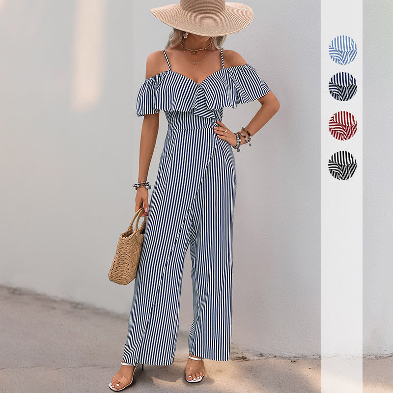 Damen Jumpsuit Schulterfrei Gestreift Eveloria - Eveloria