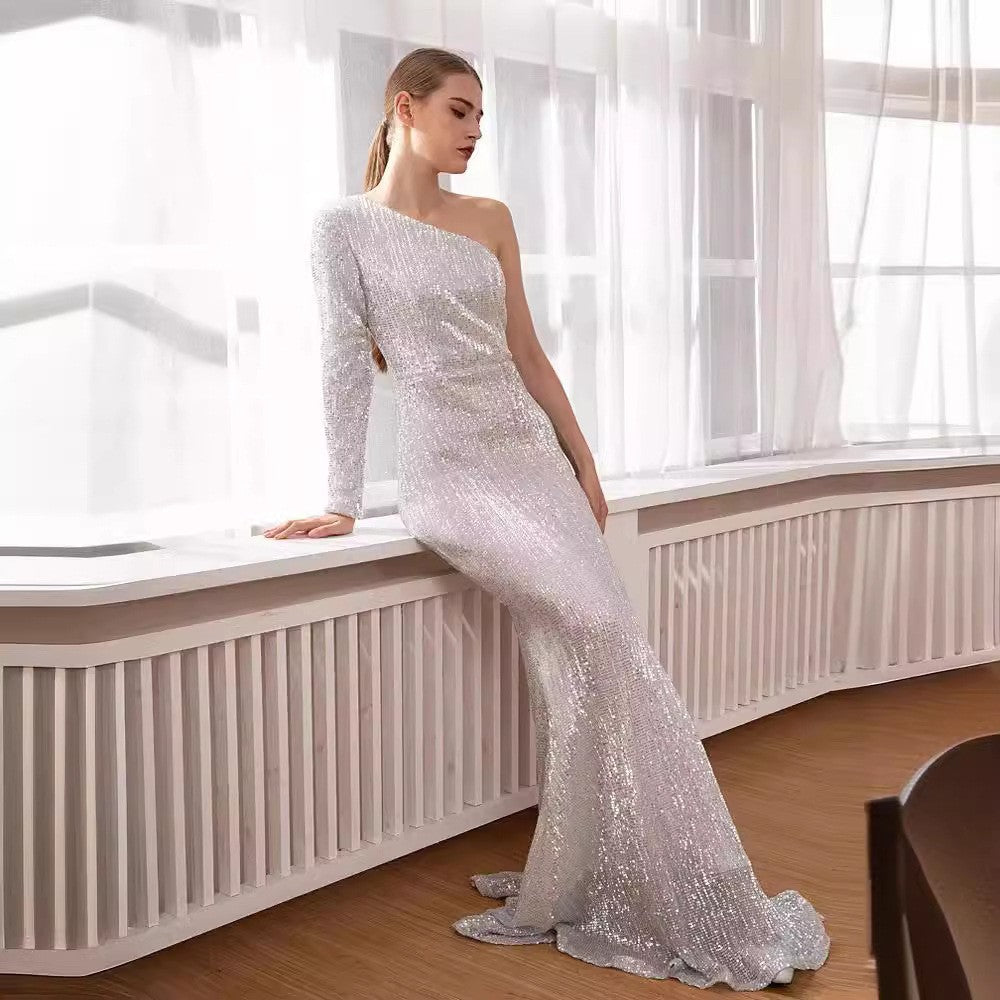 Eveloria Damen Abendkleid Glitzernd Asymmetrisch