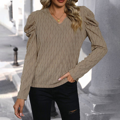 Damen Pullover Strukturiertes Wellenmuster Puffärmel Eveloria