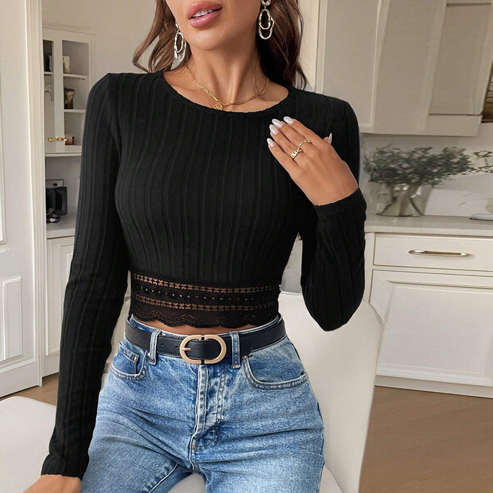 Damen Cropped Longsleeve Spitzenakzente Weiß - Eveloria