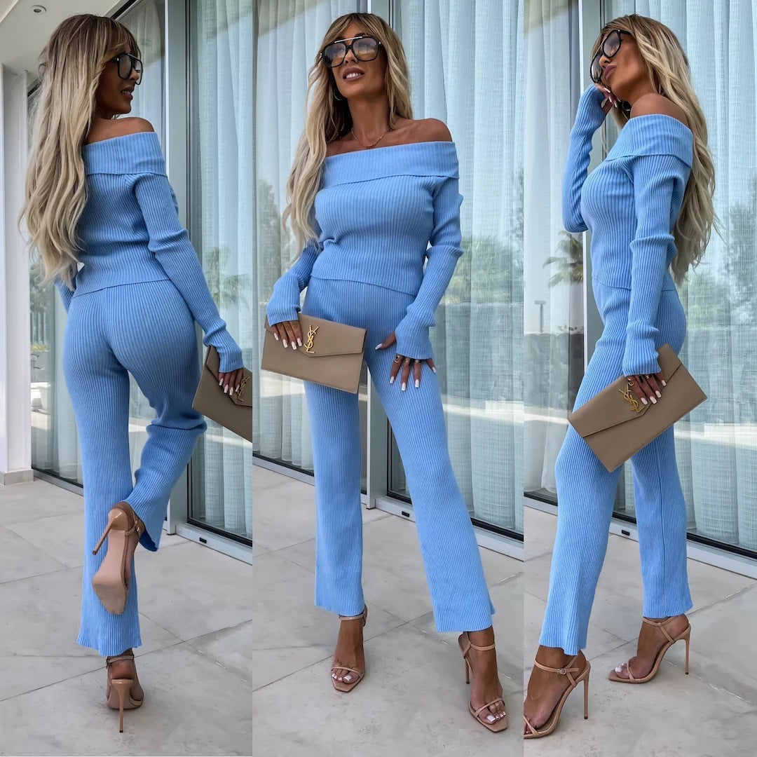 Damen Elegante Knit-Jumpsuit Schulterfrei Weites Bein