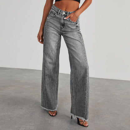 Damen Weite Denim-Jeans Franser Saum Blau