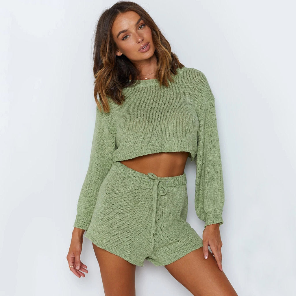 Damen Strickanzug Cropped mit lockeren Shorts und Ärmeln Elegant