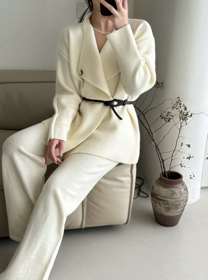 Damen Blazer Tailliert Gürtel Feine Textur Eveloria