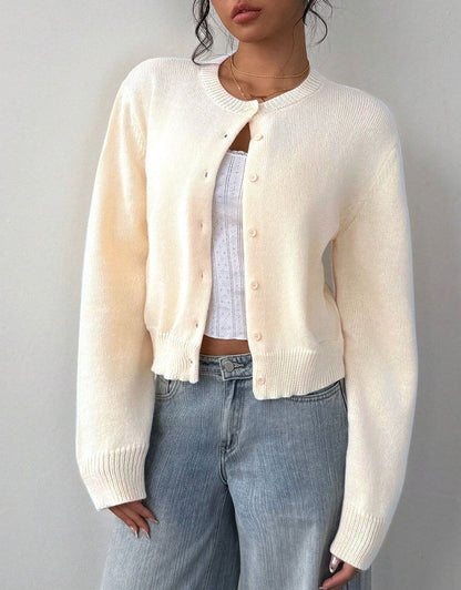 Damen Strickjacke Rippstruktur Knöpfe Beige