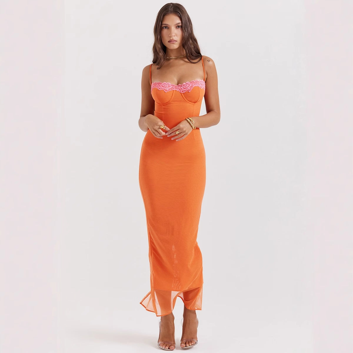 Damen Maxikleid Herzförmiger Ausschnitt Transparent Eveloria