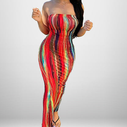 Damen Maxikleid Schulterfrei Farbenfroh Eveloria