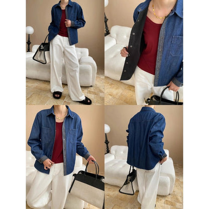 Damen Denim-Hemdjacke Lässig Kariert Blau Eveloria