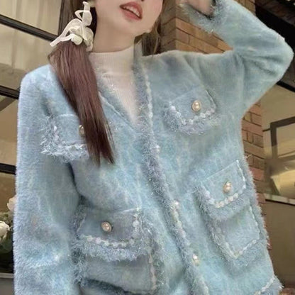 Damen Strickjacke Flauschig mit Knöpfen und Dekorsaum