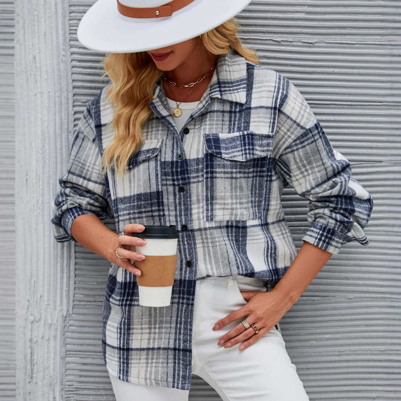 Damen Karobluse Weiches Flanell Knopfleiste Eveloria