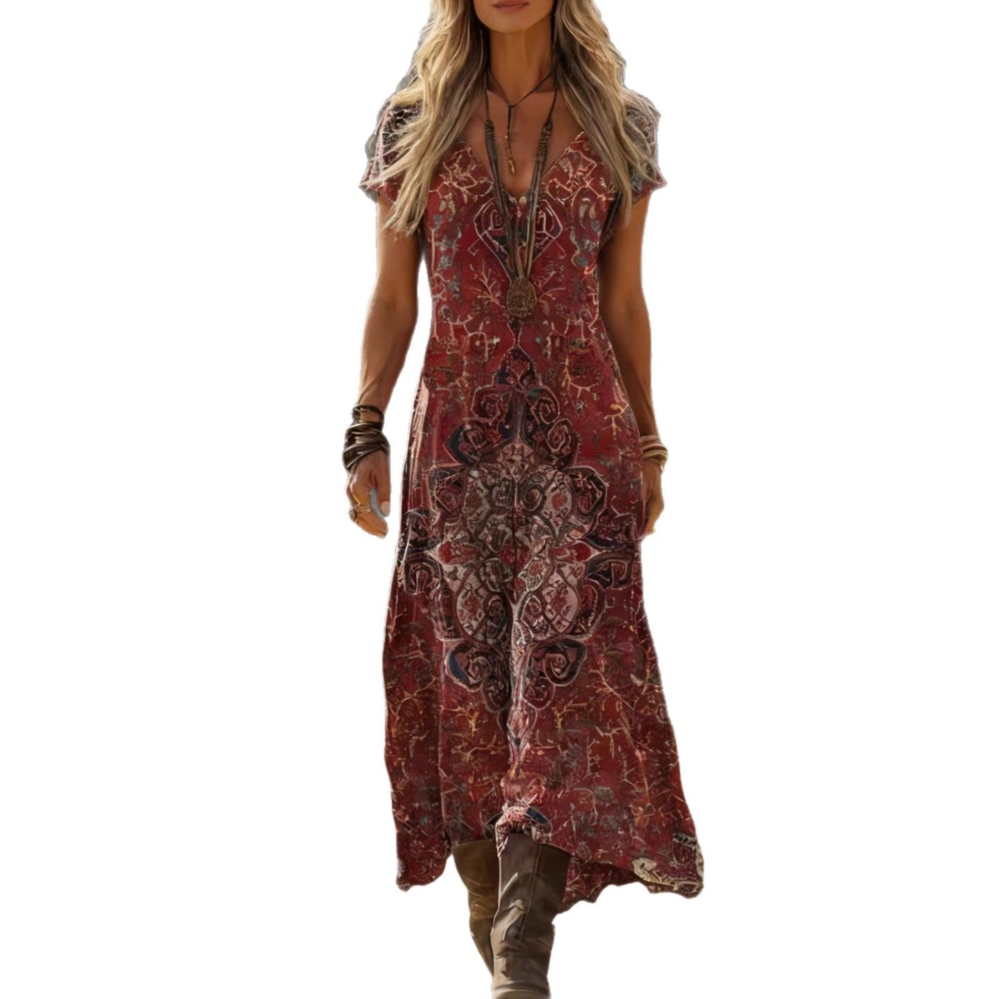 Damen Maxikleid V-Ausschnitt Kunstdruck Eveloria