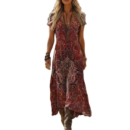 Damen Maxikleid V-Ausschnitt Kunstdruck Eveloria