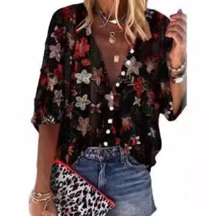 Damen Bluse Transparent mit Floralem Stickerei Übergroß Eveloria