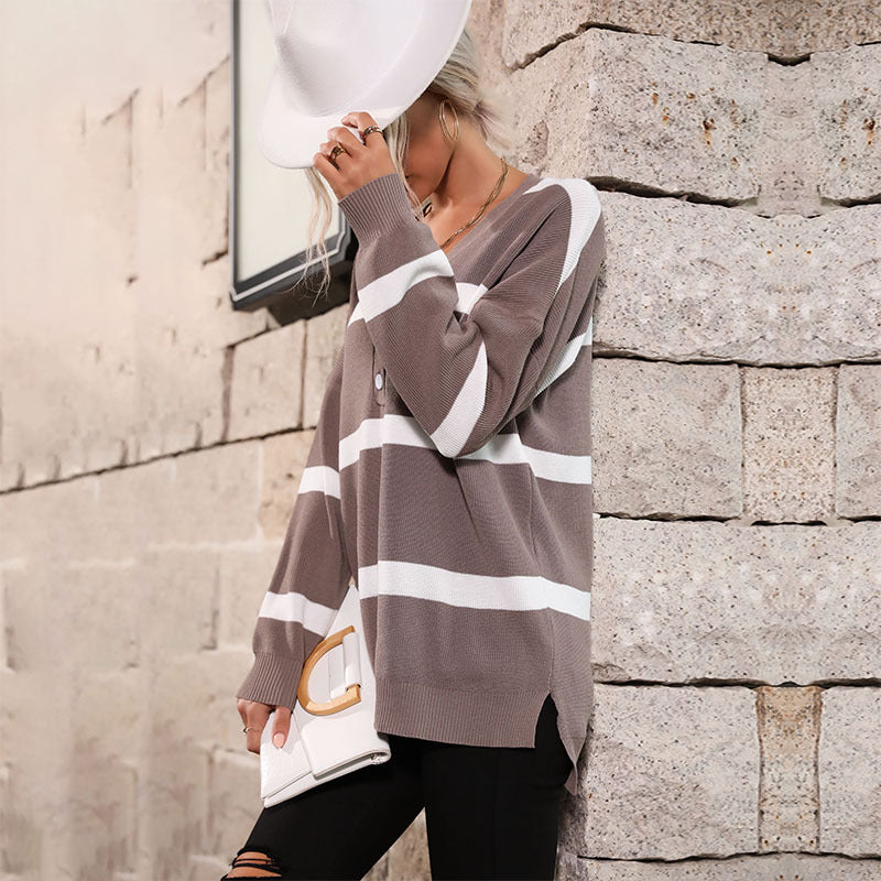 Damen Strickpullover V-Ausschnitt Knöpfe Beige Eveloria