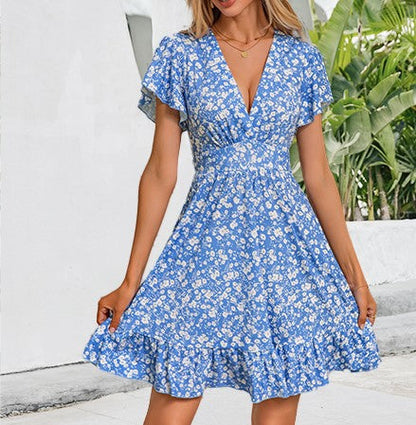 Damen Kleid V-Ausschnitt Fließender Rock Rüschendetails Eveloria