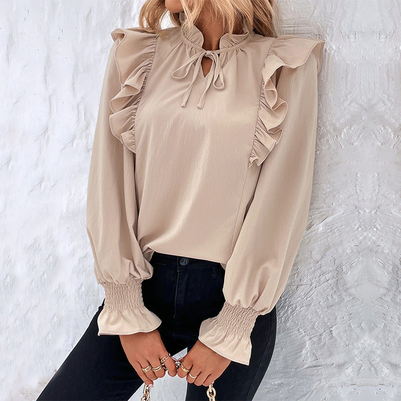Damen Bluse Rüschendetails Schleifen-Ausschnitt Eveloria