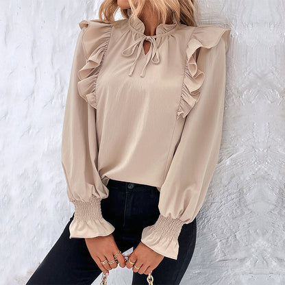 Damen Bluse Rüschendetails Schleifen-Ausschnitt Eveloria
