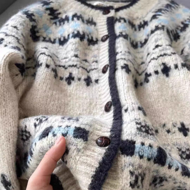 Damen Strickjacke Norwegermuster Hochwertig Blau