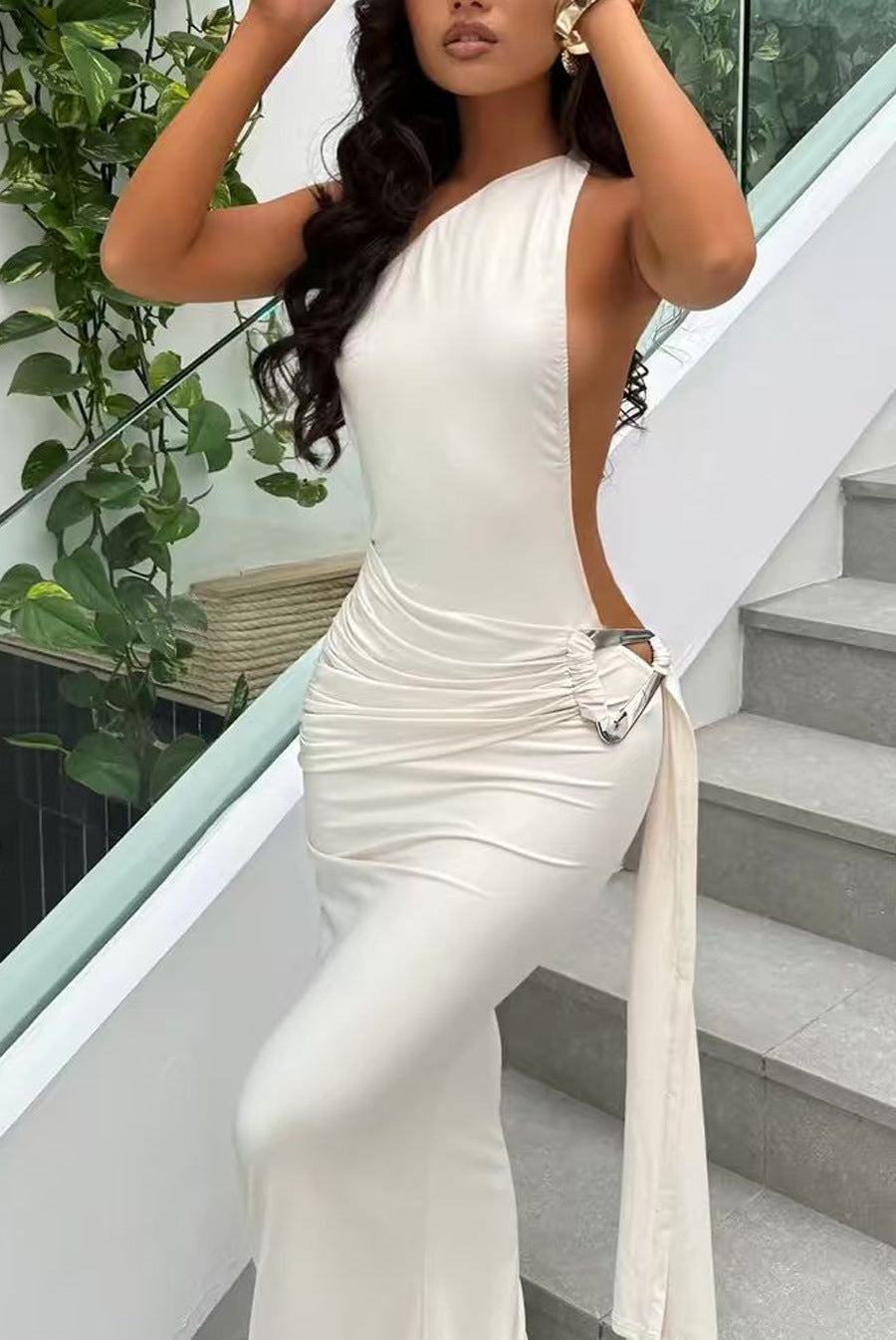 Damen Maxikleid Cut-Out Rückenausschnitt Seidenchiffon