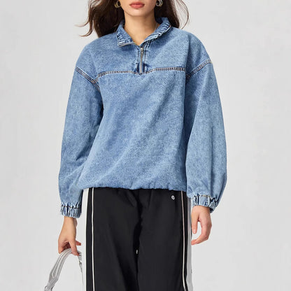 Damen Denim-Pullover Stehkragen Reißverschluss Blau Eveloria