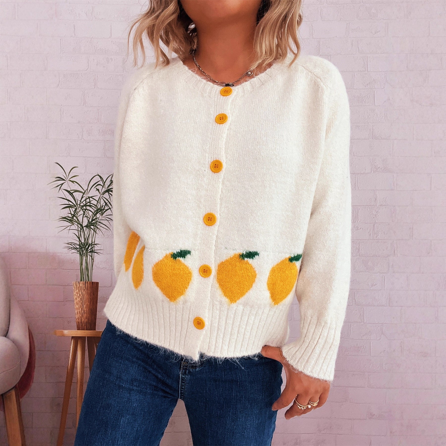 Damen Strickjacke Zitronen-Motiv Bunt Knöpfe Eveloria - Eveloria