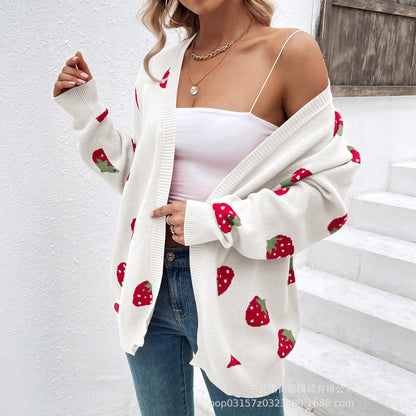 Damen Strickjacke Erdbeer-Muster Eveloria