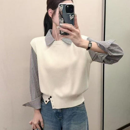 Damen Pullover Lässig Strukturiert Mit Hemdärmel Beige