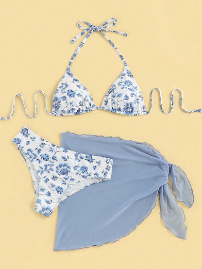 Damen Bikini-Set Blumenmuster mit Pareo