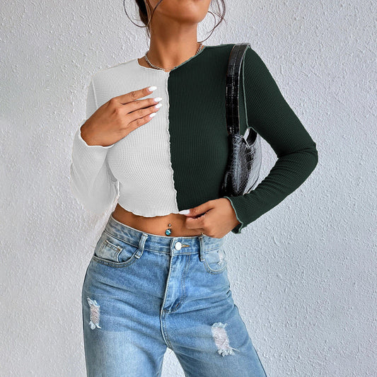 Damen Cropped Langarmshirt 2-Farben Rippdesign Schwarz Weiss - Eveloria