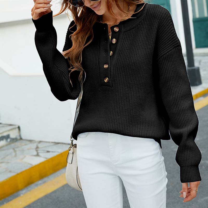 Grauer Damen Strickpullover Rundhals Knopfleiste