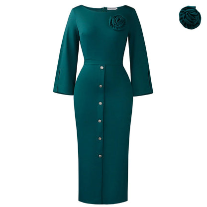 Damen Midikleid mit Knopfverschluss und floralem Muster Eveloria
