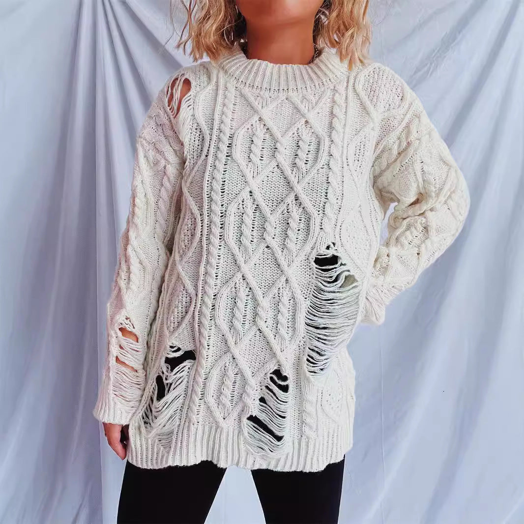 Damen Oversized Pullover Strukturiertes Zopfmuster Fransen Beige