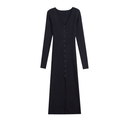 Damen Strickkleid Hochknöpfe Tiefes V Eveloria