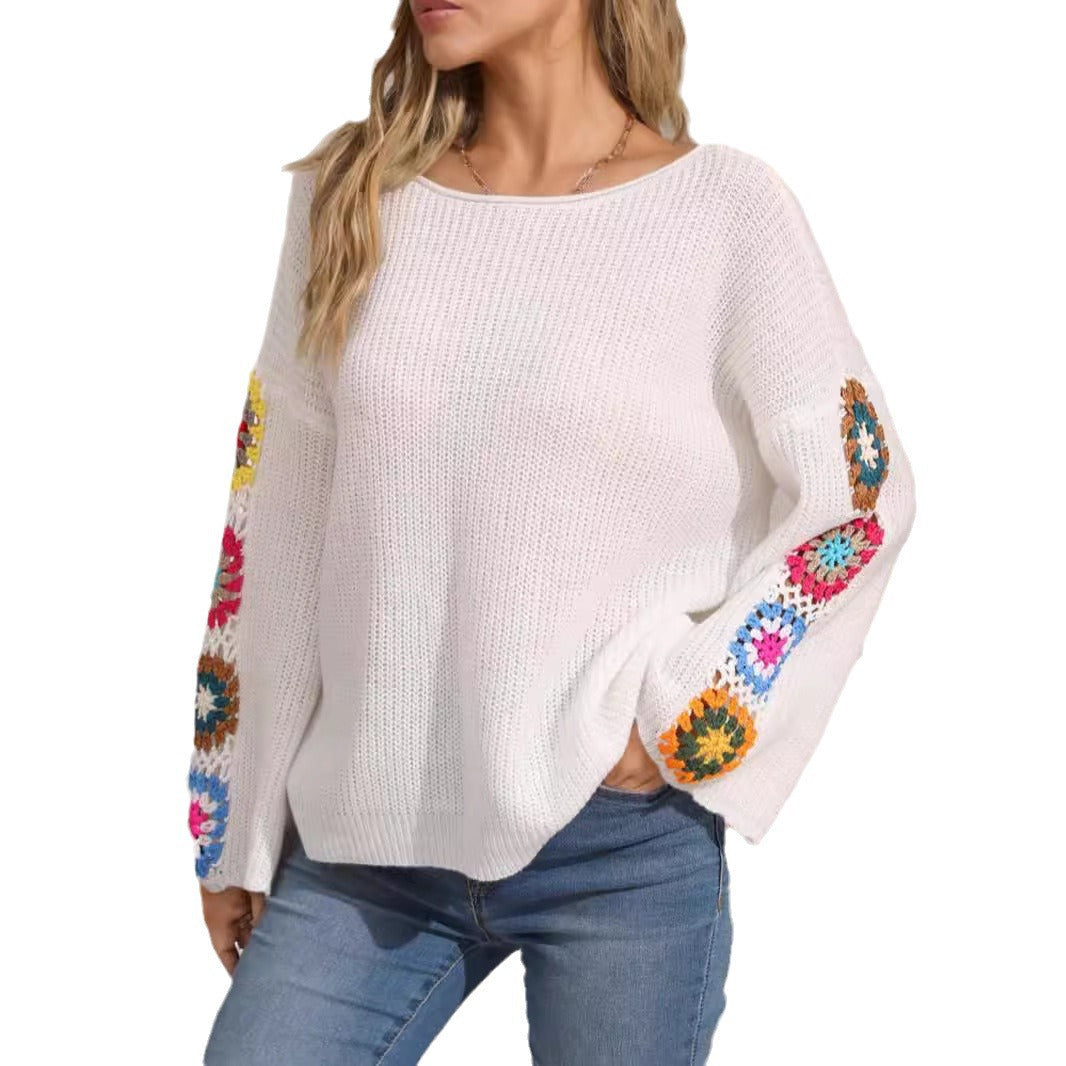 Damen Strickpullover Bunt Häkelmuster Weit Eveloria