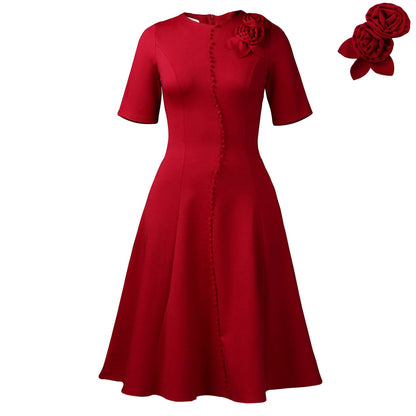 Damen A-Linien Kleid mit Knöpfen und Blumenmuster