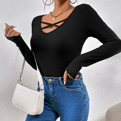Damen Langarmshirt Modischer Kreuzausschnitt Eveloria