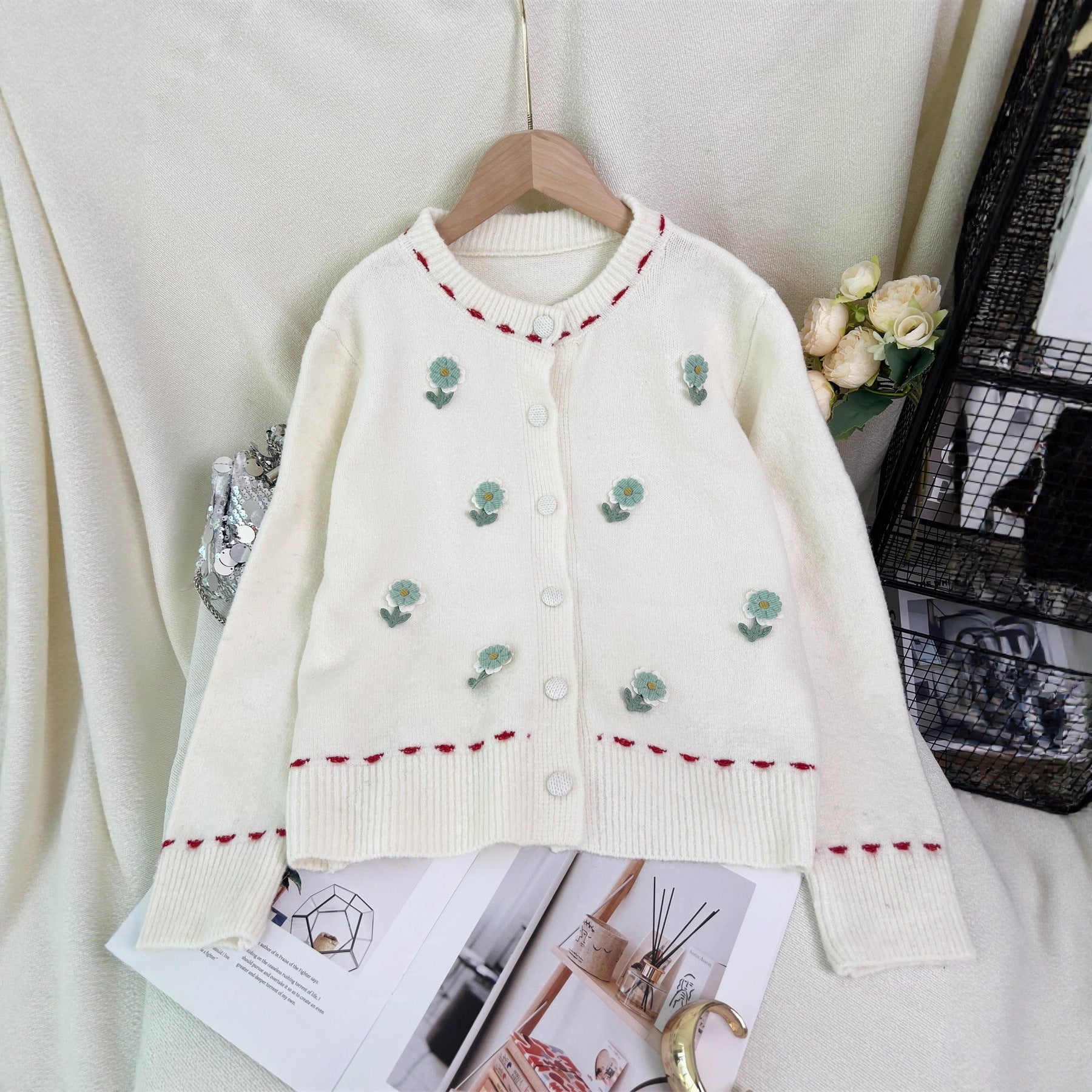 Damen Strickjacke Florales Muster Knopfverschluss - Eveloria