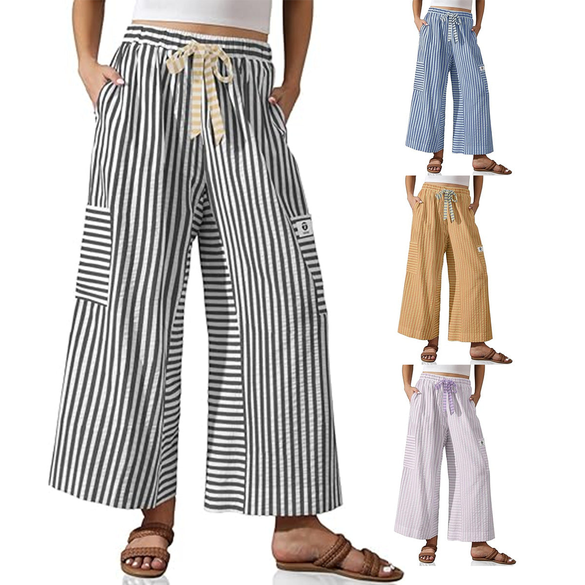 Damen Palazzo-Hose Gestreift Bequem Mit Taschen Schwarzweiß - Eveloria