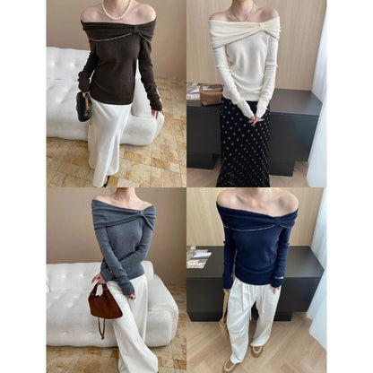 Damen Off-Shoulder Pullover Langärmlig Raffung Eveloria